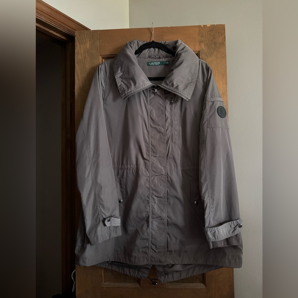 Lauren Ralph Lauren Hooded Utility Jacket Women L Gray Zip Adjustable Waist Coat